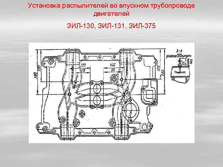 Установка распылителей во впускном трубопроводе    двигателей  ЗИЛ-130, ЗИЛ-131, ЗИЛ-375 