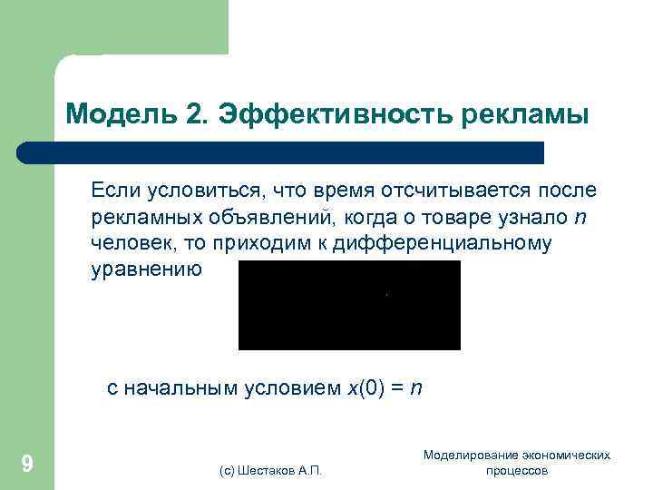   Модель 2. Эффективность рекламы  Если условиться, что время отсчитывается после 