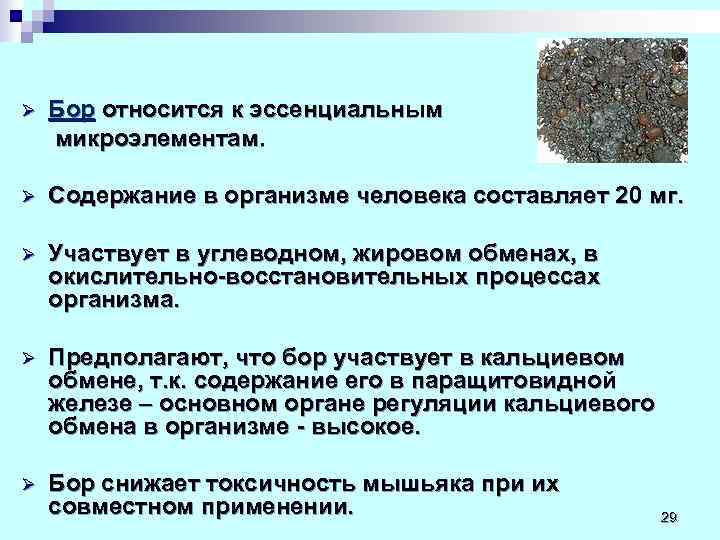 Ø  Бор относится к эссенциальным микроэлементам.  Ø  Содержание в организме человека