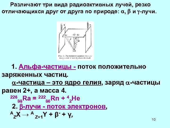 Различают три вида радиоактивных лучей, резко отличающихся друг от друга по природе: Различают три вида радиоактивных лучей, резко отличающихся друг от друга по природе: