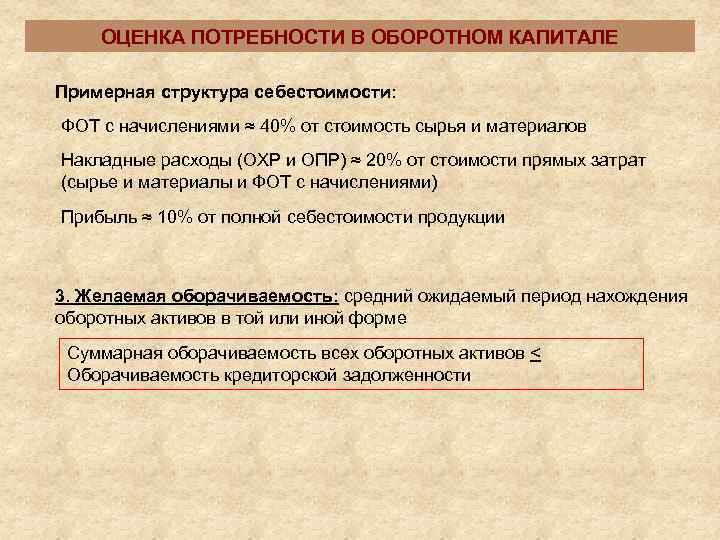   ОЦЕНКА ПОТРЕБНОСТИ В ОБОРОТНОМ КАПИТАЛЕ Примерная структура себестоимости: ФОТ с начислениями ≈
