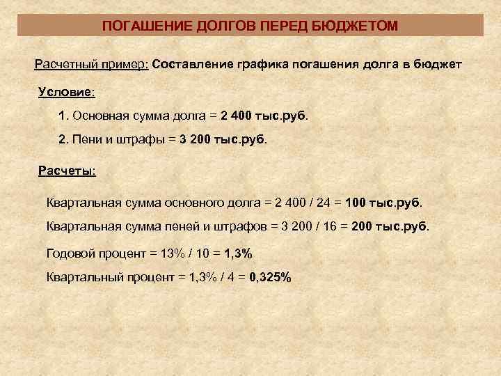   ПОГАШЕНИЕ ДОЛГОВ ПЕРЕД БЮДЖЕТОМ Расчетный пример: Составление графика погашения долга в бюджет