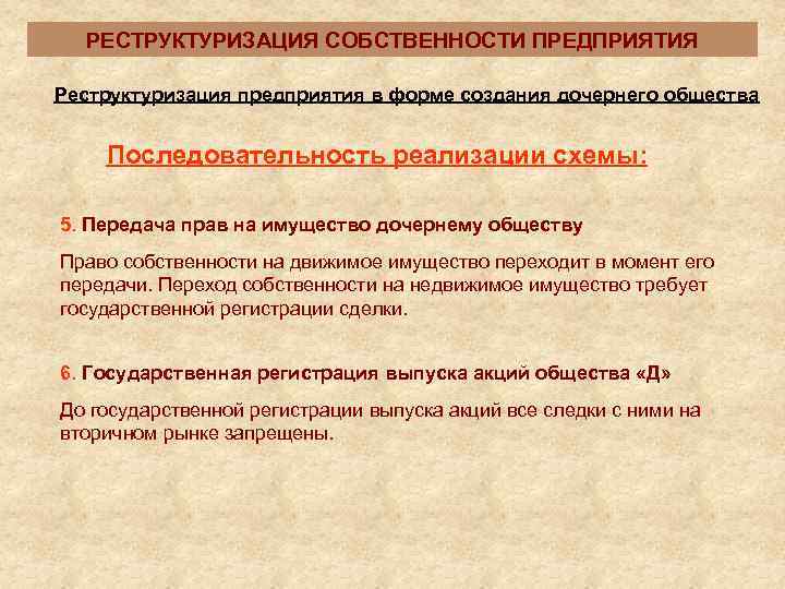  РЕСТРУКТУРИЗАЦИЯ СОБСТВЕННОСТИ ПРЕДПРИЯТИЯ Реструктуризация предприятия в форме создания дочернего общества  Последовательность реализации