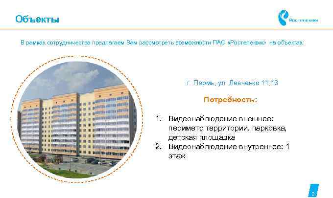 Объекты В рамках сотрудничества предлагаем Вам рассмотреть возможности ПАО «Ростелеком»  на объектах: 