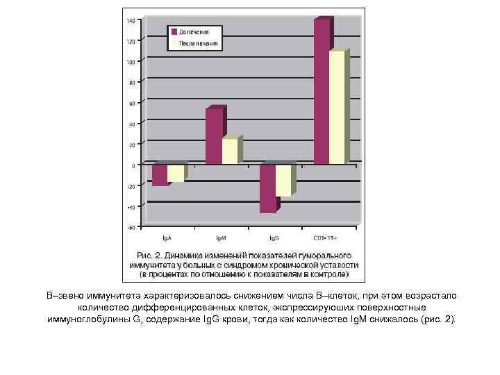В–звено иммунитета характеризовалось снижением числа В–клеток, при этом возрастало  количество дифференцированных клеток, экспрессируюших