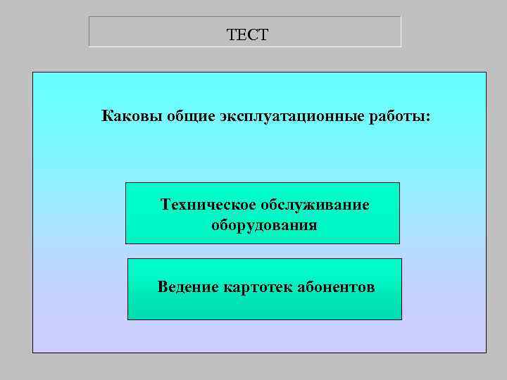    ТЕСТ  Каковы общие эксплуатационные работы:  Техническое обслуживание  