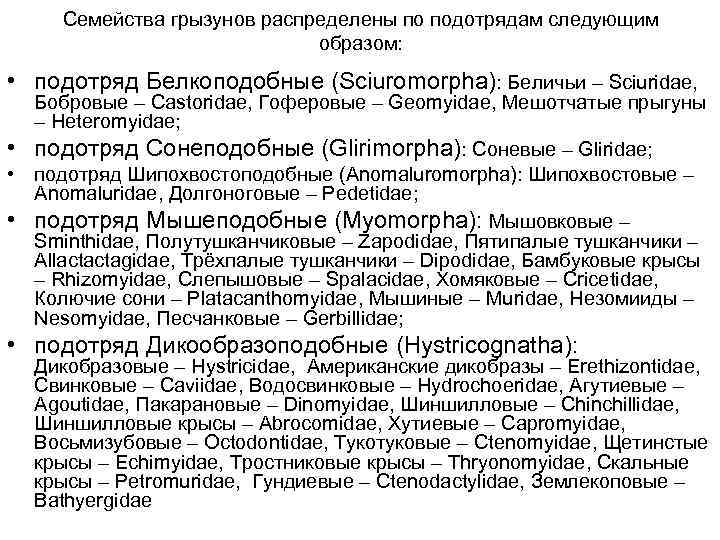  Семейства грызунов распределены по подотрядам следующим      образом: 