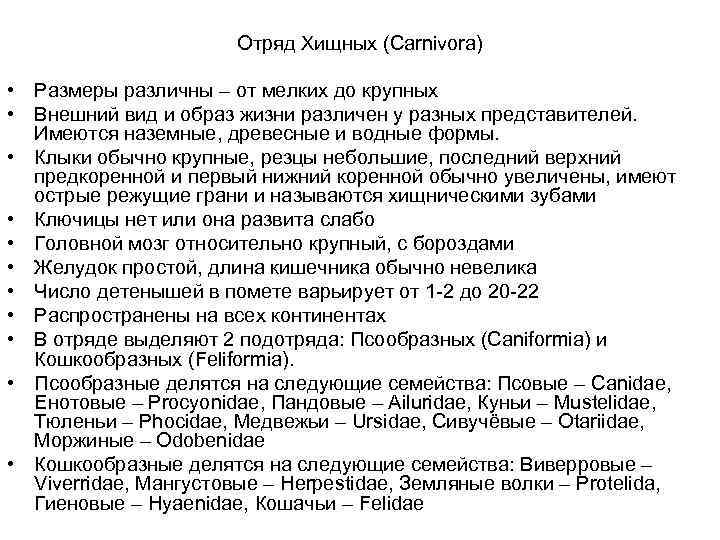     Отряд Хищных (Carnivora)  • Размеры различны – от мелких