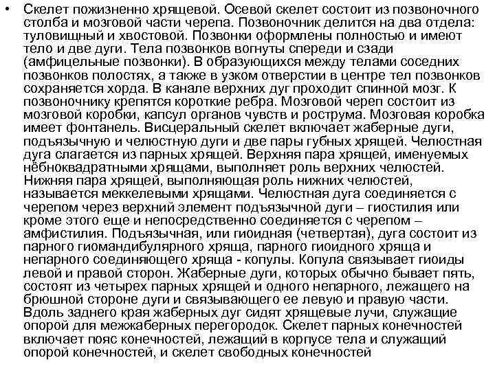  • Скелет пожизненно хрящевой. Осевой скелет состоит из позвоночного  столба и мозговой