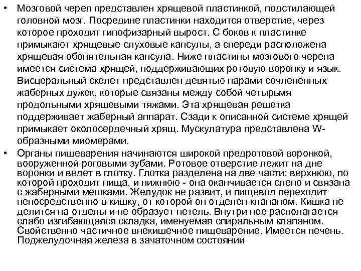  • Мозговой череп представлен хрящевой пластинкой, подстилающей  головной мозг. Посредине пластинки находится