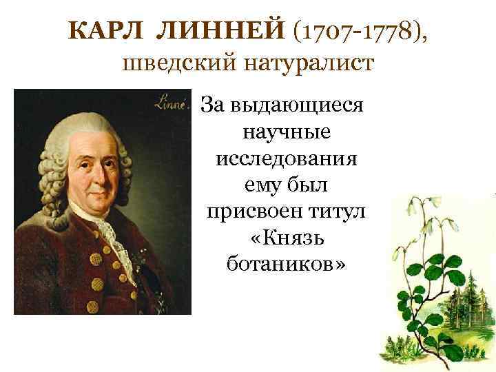 КАРЛ ЛИННЕЙ (1707 -1778), шведский натуралист  За выдающиеся    научные 