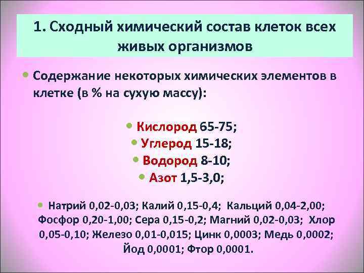  1. Сходный химический состав клеток всех   живых организмов  Содержание некоторых