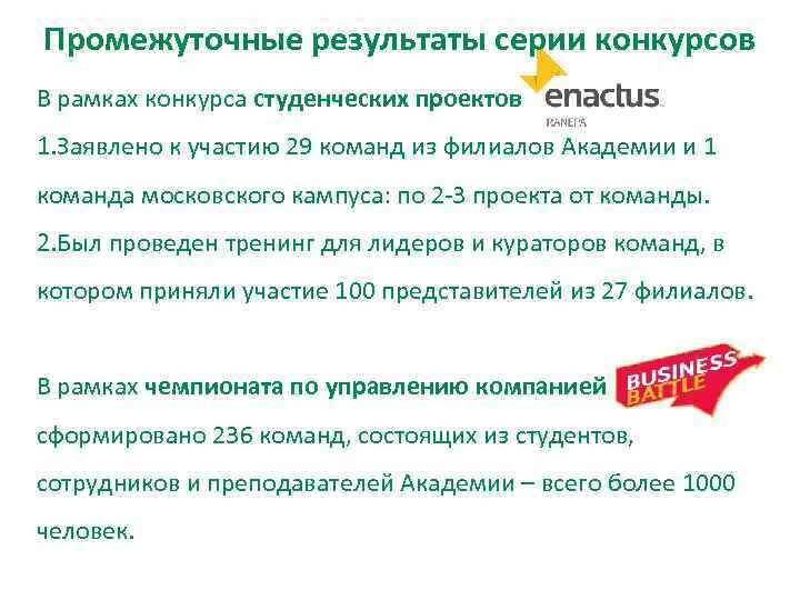 Промежуточные результаты серии конкурсов В рамках конкурса студенческих проектов 1. Заявлено к участию 29