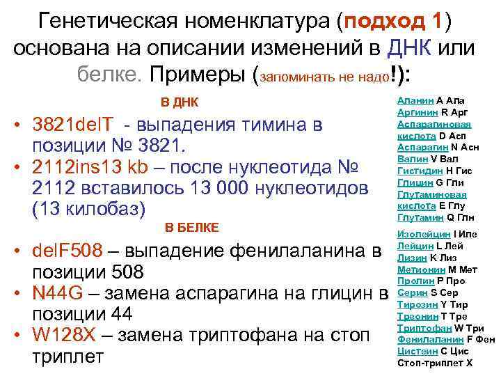  Генетическая номенклатура (подход 1) основана на описании изменений в ДНК или белке. Примеры