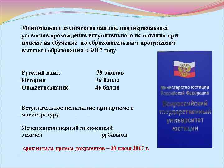 Минимальное количество баллов, подтверждающее успешное прохождение вступительного испытания приеме на обучение по образовательным программам