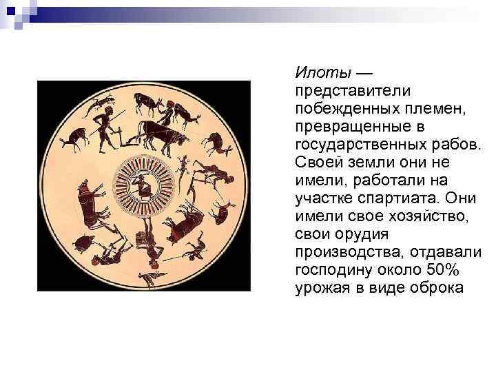 Илоты — представители побежденных племен, превращенные в государственных рабов. Своей земли они не имели,