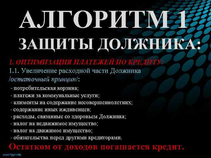  АЛГОРИТМ 1  ЗАЩИТЫ ДОЛЖНИКА: 1. ОПТИМИЗАЦИЯ ПЛАТЕЖЕЙ ПО КРЕДИТУ: 1. 1. Увеличение