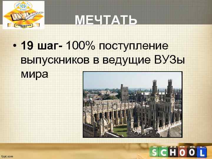    МЕЧТАТЬ • 19 шаг- 100% поступление  выпускников в ведущие ВУЗы