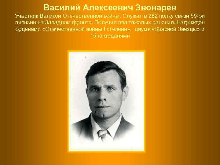    Василий Алексеевич Звонарев Участник Великой Отечественной войны. Служил в 262 полку