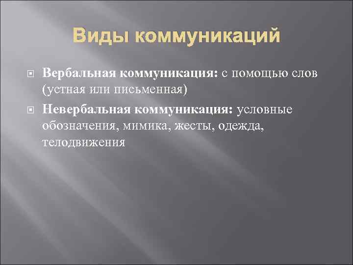   Виды коммуникаций Вербальная коммуникация: с помощью слов (устная или письменная) Невербальная коммуникация: