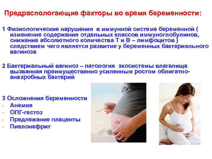 Предраспологающие факторы во время беременности:  1 Физиологические нарушения в иммунной системе беременной (