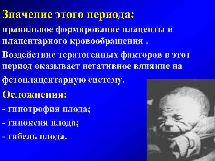 Значение этого периода: правильное формирование плаценты и плацентарного кровообращения. Воздействие тератогенных факторов в этот