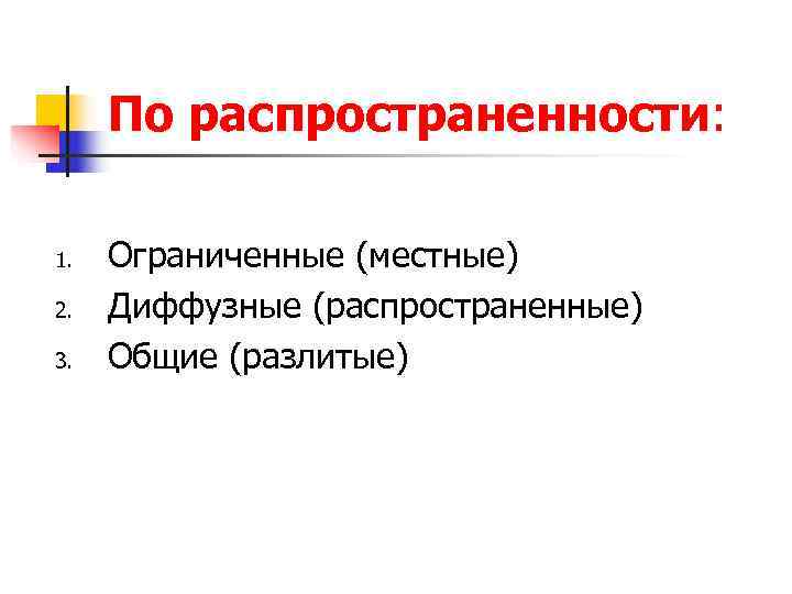  По распространенности:  1.  Ограниченные (местные) 2.  Диффузные (распространенные) 3. 