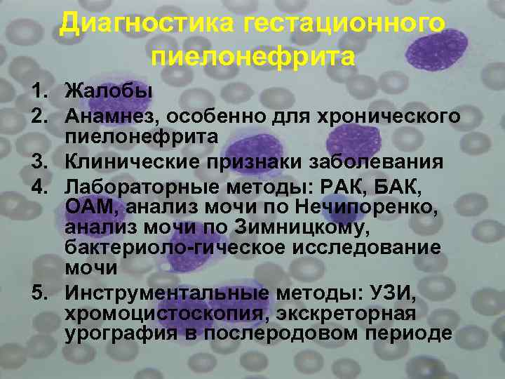  Диагностика гестационного   пиелонефрита 1. Жалобы 2. Анамнез, особенно для хронического 