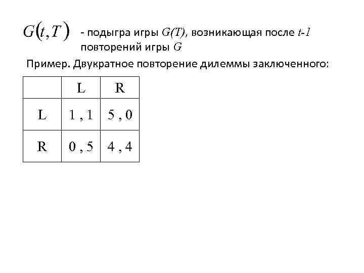   - подыгра игры G(T), возникающая после t-1   повторений игры