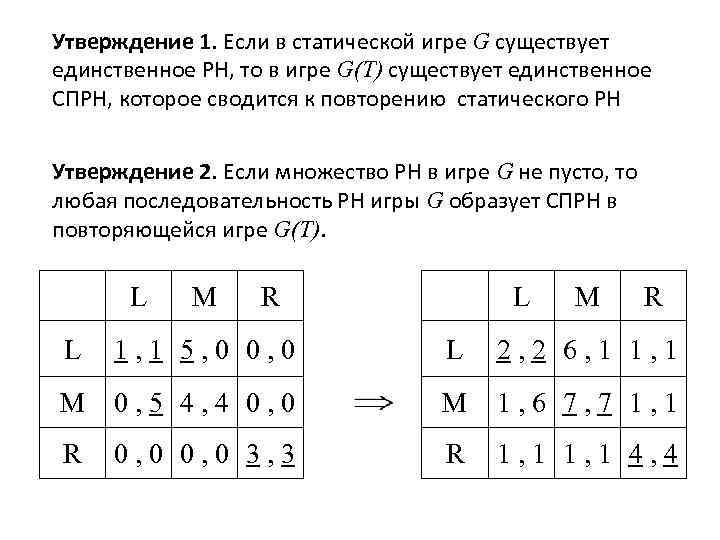 Утверждение 1. Если в статической игре G существует единственное РН, то в игре G(T)