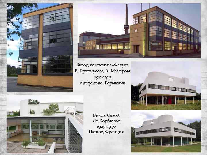  Завод компании «Фагус» В. Гропиусом, А. Майером  1911 -1925 Альфельде, Германия 