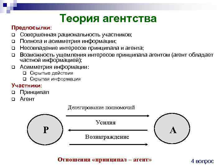    Теория агентства Предпосылки: q Совершенная рациональность участников; q Полнота и асимметрия