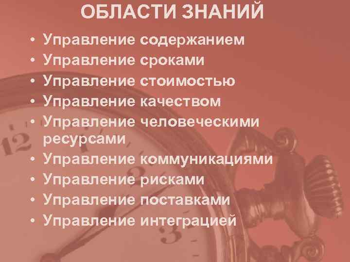 ОБЛАСТИ ЗНАНИЙ • Управление содержанием • Управление сроками • ОБЛАСТИ ЗНАНИЙ • Управление содержанием • Управление сроками •