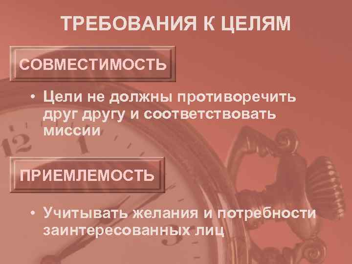   ТРЕБОВАНИЯ К ЦЕЛЯМ СОВМЕСТИМОСТЬ  • Цели не должны противоречить  другу