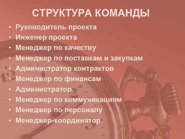   СТРУКТУРА КОМАНДЫ •  Руководитель проекта •  Инженер проекта • 