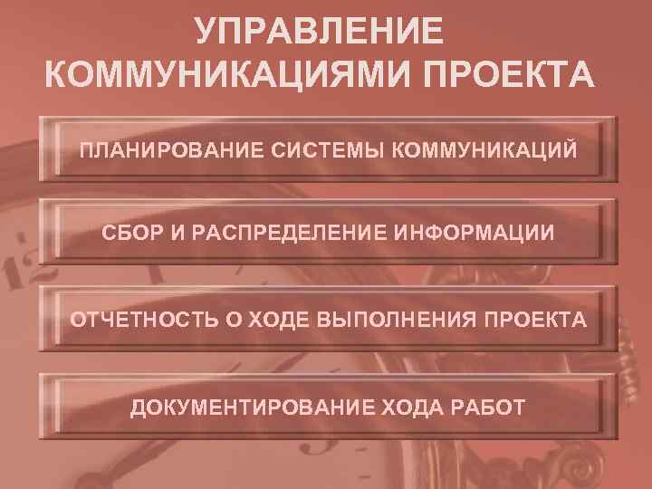  УПРАВЛЕНИЕ КОММУНИКАЦИЯМИ ПРОЕКТА ПЛАНИРОВАНИЕ СИСТЕМЫ КОММУНИКАЦИЙ СБОР И РАСПРЕДЕЛЕНИЕ ИНФОРМАЦИИ ОТЧЕТНОСТЬ О ХОДЕ