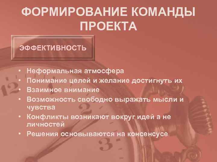   ФОРМИРОВАНИЕ КОМАНДЫ  ПРОЕКТА ЭФФЕКТИВНОСТЬ  • Неформальная атмосфера • Понимание целей