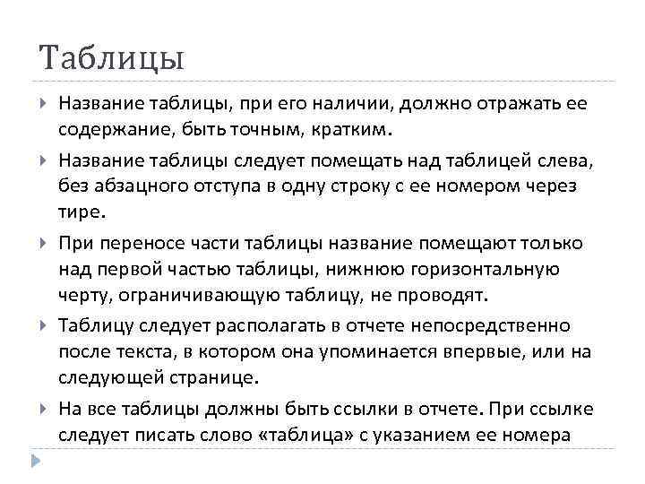 Таблицы Название таблицы, при его наличии, должно отражать ее содержание, быть точным, кратким. 