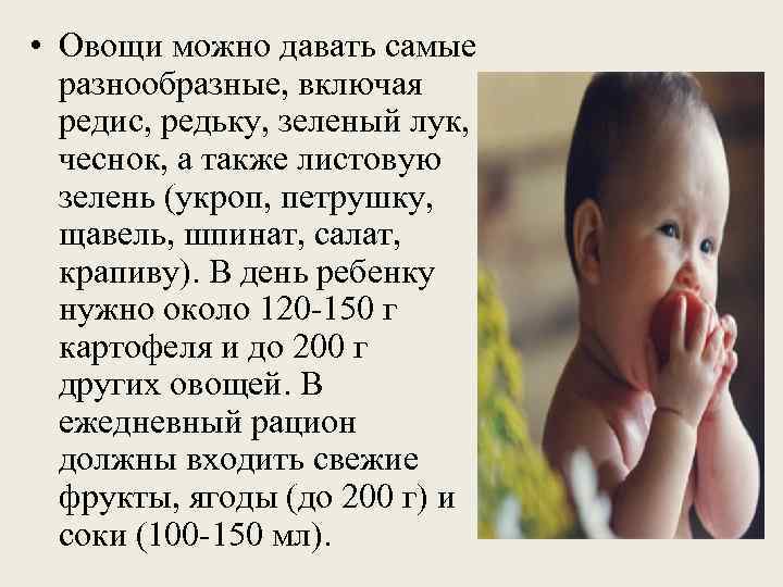  • Овощи можно давать самые  разнообразные, включая  редис, редьку, зеленый лук,