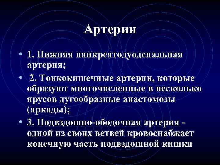 Артерии • 1. Нижняя панкреатодуоденальная артерия; • 2. Тонкокишечные Артерии • 1. Нижняя панкреатодуоденальная артерия; • 2. Тонкокишечные