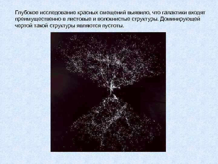 Глубокое исследование красных смещений выявило, что галактики входят преимущественно в листовые и волокнистые структуры. Глубокое исследование красных смещений выявило, что галактики входят преимущественно в листовые и волокнистые структуры.
