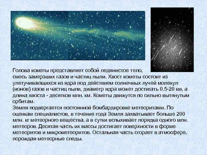 Голова кометы представляет собой ледянистое тело, смесь замерзших газов и частиц пыли. Хвост Голова кометы представляет собой ледянистое тело, смесь замерзших газов и частиц пыли. Хвост