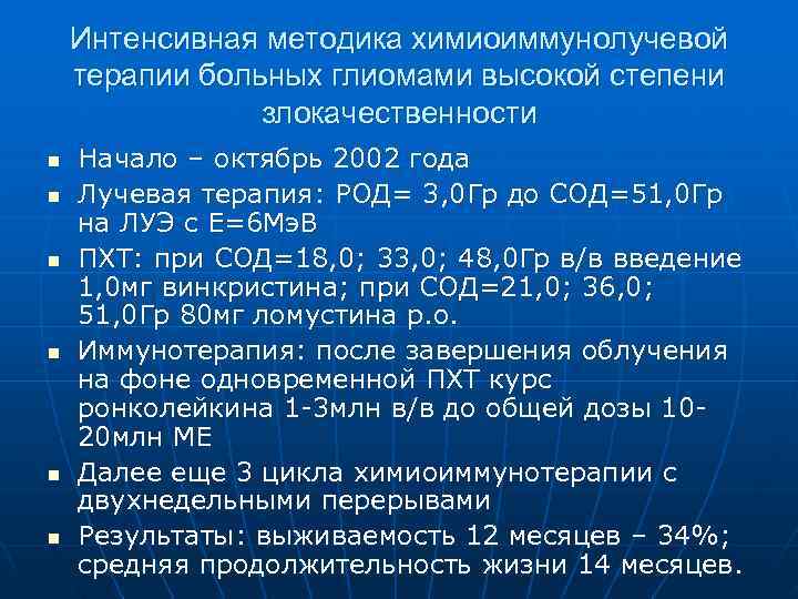   Интенсивная методика химиоиммунолучевой терапии больных глиомами высокой степени   злокачественности n
