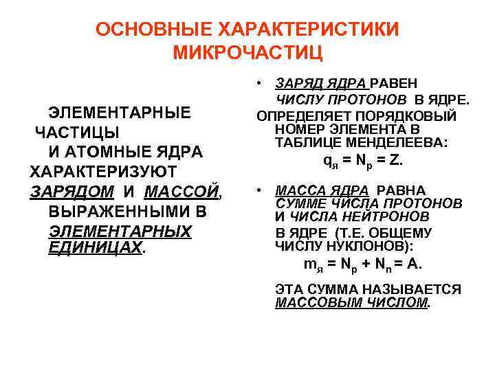 ОСНОВНЫЕ ХАРАКТЕРИСТИКИ МИКРОЧАСТИЦ • ЗАРЯД ЯДРА РАВЕН ОСНОВНЫЕ ХАРАКТЕРИСТИКИ МИКРОЧАСТИЦ • ЗАРЯД ЯДРА РАВЕН