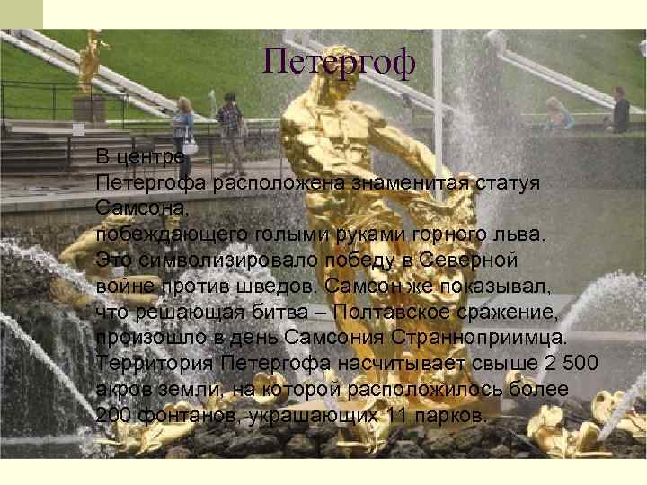     Петергоф n В центре Петергофа расположена знаменитая статуя  