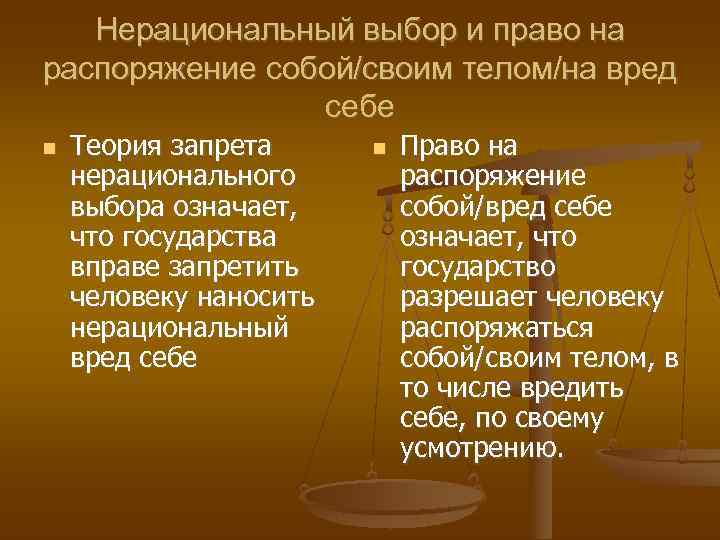   Нерациональный выбор и право на распоряжение собой/своим телом/на вред   себе