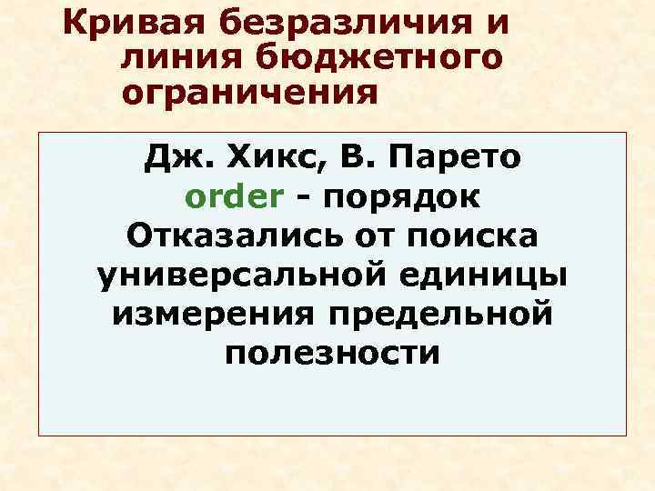 Кривая безразличия и  линия бюджетного  ограничения Дж. Хикс, В. Парето  order