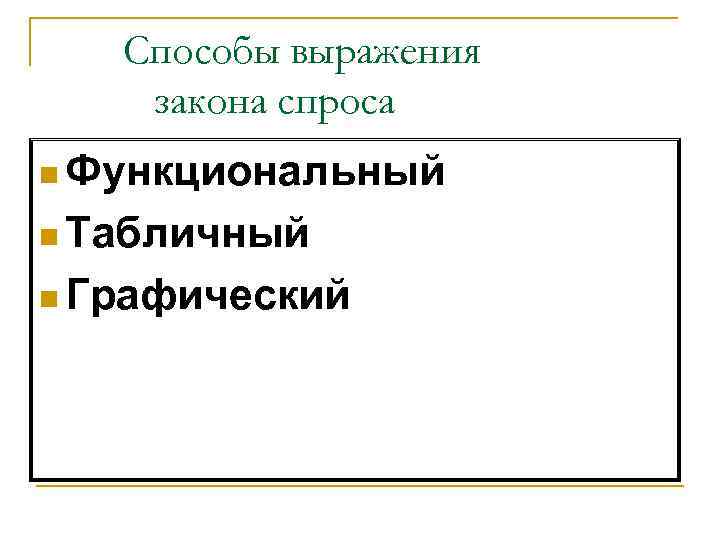   Способы выражения закона спроса n Функциональный n Табличный n Графический 