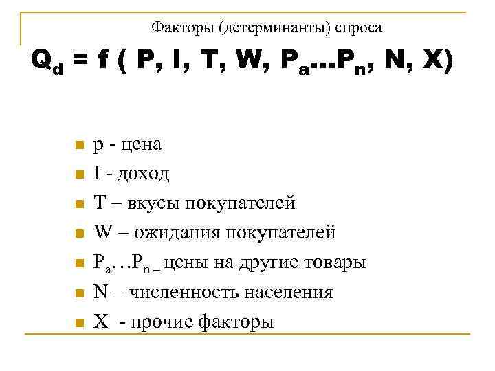    Факторы (детерминанты) спроса Qd = f ( P, I, T, W,