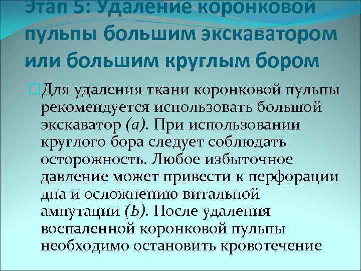 Этап 5: Удаление коронковой пульпы большим экскаватором или большим круглым бором Для удаления ткани